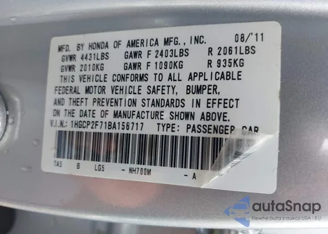 2011 Honda Accord 2.4 Ex from USA, damaged, VIN 1HGCP2F71BA156717